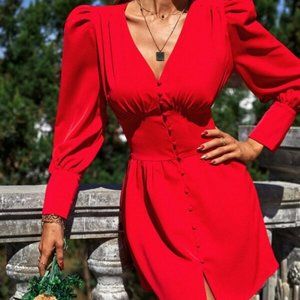 Puff Sleeve Button Front Corset Waist Dress